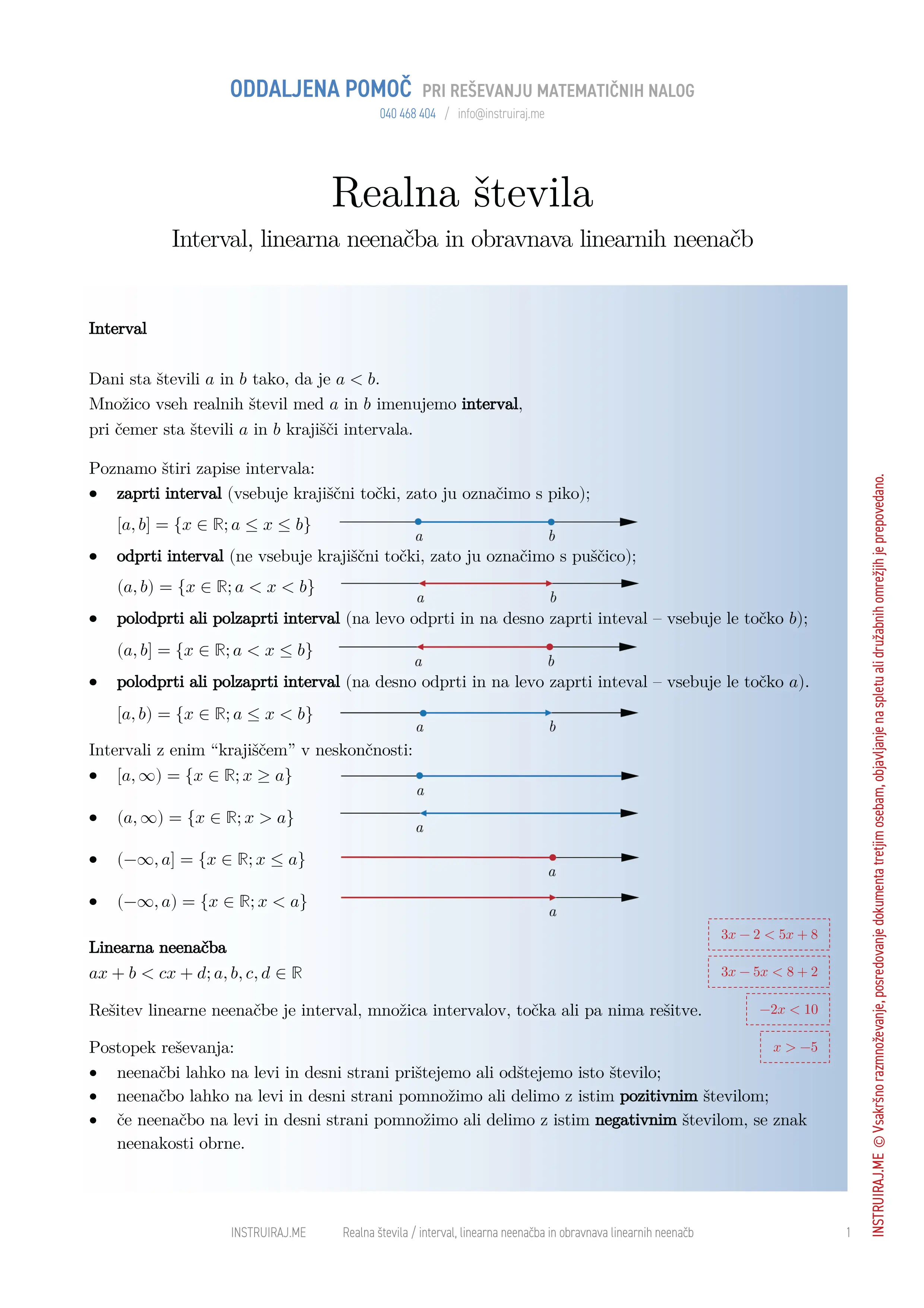 Realna števila: Interval in linearne neenačbe ter obravnava neenačb